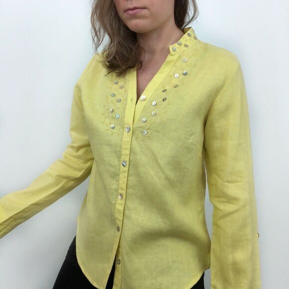 E-col-o-gie Yellow Embroidered Linen Button Front Long Sleeve Shirt Women Medium - Picture 1 of 7